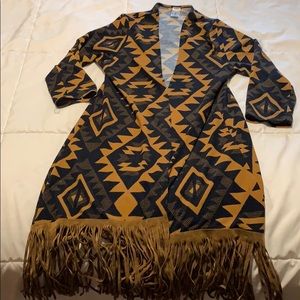 Aztec print, leather trim, long cardigan. Like NEW